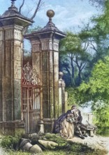 Lovers in front of the gate to a park, 1880, England, Historic, digitally restored reproduction of