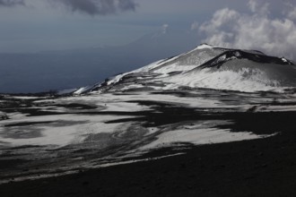 Etna, volcanic landscape at the secondary crater of Etna, Etna with snow, Sicily, Italy, Europe