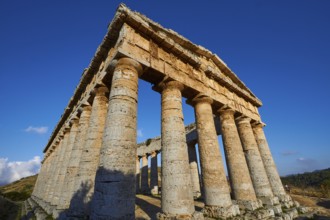 Evening light, Doric temple, Segesta, super wide angle, dynamic, oblique from below, Ancient site,