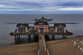 Pedestrians on the pier Sellin at dusk, view from above, long exposure, Baltic resort Sellin, Insel