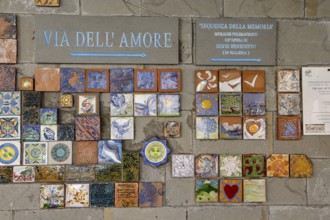 Wall tiles, signposts for the Via dell' Amore from Riomaggiore to Manarola, Riomaggiore, Cinque