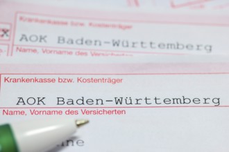 Prescriptions for medicines, AOK, health insurance, cost unit, pen, Baden-Württemberg, Germany,