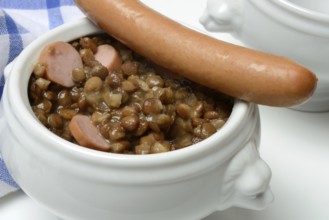 Lentil (Lens culinaris) dish with sausages in bowl, lentil