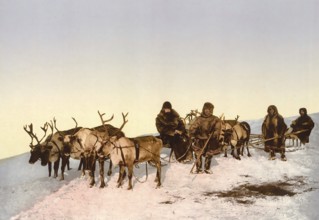 On the road with a reindeer sleigh, Arkhangelsk, Russia, c. 1890, Historic, digitally enhanced