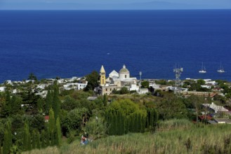 View to the village Stromboli with church San Vincenzo, island Stromboli, Liparic Islands, Italy,