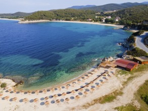 Aerial view, sunshades, Ema beach, Toroni, Torone, Sithonia, Chalkidiki, Central Macedonia, Greece,