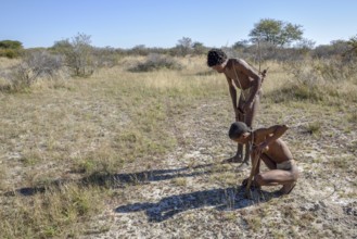 Bushmen of the Ju/' Hoansi-San on traditional hunting with bow and arrow, reading tracks, village