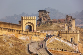 AMER, INDIA, NOVEMBER 18, 2012: Visitors ascending to Amer (Amber) fort. Amer (near Jaipur),