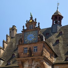 Renaissance gable from 1581 with the art clock on the stair tower, historic town hall, Marburg an