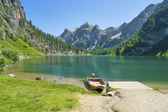 Boat at Tappenkarsee, mountain lake, Wildkarhöhe and Stierkarkopf, Radstätter Tauern, landscape