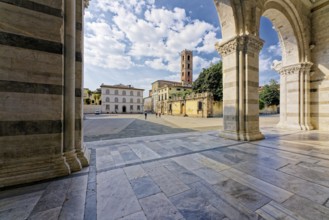 View from porch, portico or narthex, onto the Piazza San Martino and the Church of San Giovanni,