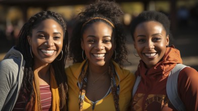 Three african american female friends getting together in the park for some exercise. generative AI