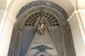 Angel playing the harp, sculpture on a family tomb, Monumental Cemetery, Cimitero monumentale di