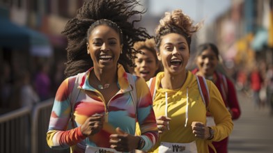 African american female friends enjoying an organized run together in their city. generative AI