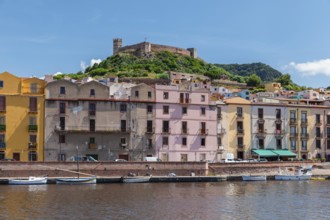 View over the Temo towards Bosa and the Malaspina Castle, Oristano Province, Sardinia, Italy, Bosa,