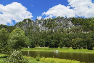 Elbe Valley in Rathen with the Bastei Rock, Party Raft on the Elbe