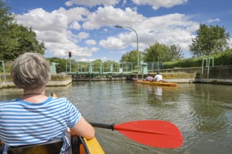 Canoe, Zeddenbach lock, Saxony-Anhalt, Germany, Europe