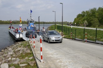 Rhine ferry Drusus between Drusenheim (France) and Greffern (Germany) at the pier in Greffern,