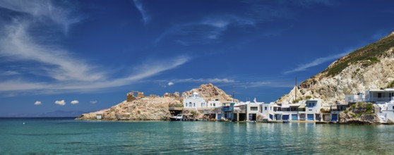 Panorama of the beach and fishing village of Firapotamos in Milos island, Greece, Europe