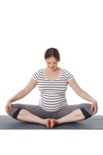 Pregnancy yoga exercise, pregnant woman doing asana Baddha Konasana Bound Angle Pose isolated on