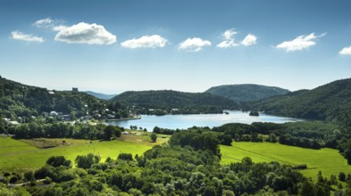 Lake Chambon and Murol castle, Regional Nature Park of the Volcanoes of Auvergne, Puy de Dome