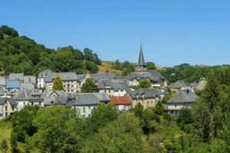 Egliseneuve dEntraigues village. Auvergne Volcanoes Regional Nature Park. Puy de Dome department.