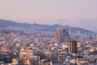 BARCELONA, SPAIN, APRIL 15, 2019: View of Barcelona city cityscape with Sagrada Familia church on