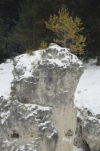 Rock formation with limestone rock Wental during winter with snow, Bartolomä, Swabian Alb,