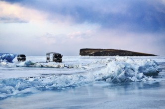 Cars on the ice, Lake Baikal, Olkhon Island, Pribaikalsky National Park, Irkutsk Province, Siberia,