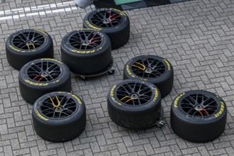 Pirelli P Zero racing tyres Car tyres for GT series race cars are in front of entrance of pit box