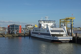 Ferry in the harbour, Dagebüll, North Frisia, Schleswig-Holstein, Germany, Europe