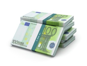 Creative business finance making money concept, stack of 100 euro banknotes bills bundles isolated