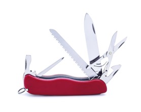 Swiss army multipurpose multitool knife isolated on white