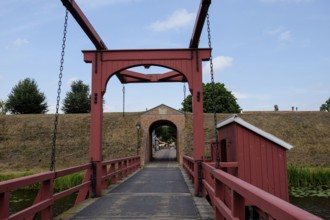 Bourtange Fortress, entrance with drawbridge over moat, Groningen Province, Netherlands