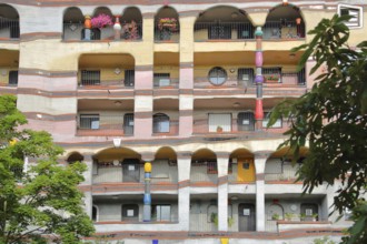 Facade with balconies of the Waldspirale, floors, balcony, window, colourful, Darmstadt,