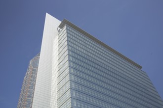 Kastor and Messeturm, view up, glass window, glass building, tower, skyscraper, perspective, Platz