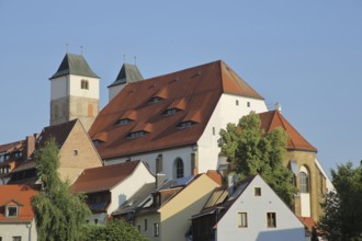 View of Romanesque St. Nicholas Church and roofs, Freiberg, Saxony, Germany, Europe