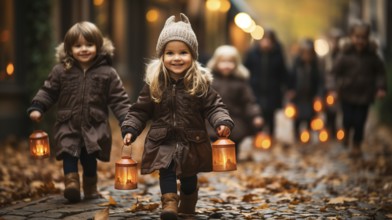 Cute little children dressed up for halloween walking down the sidewalk together, generative AI