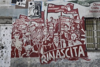 Political mural, artist Francesco del Casino, workers protesting, Orgòsolo, Province of Nuoro,