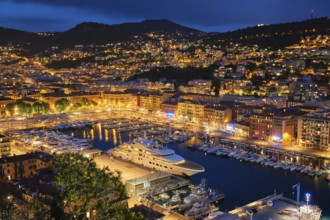 View of Old Port of Nice with luxury yacht boats from Castle Hill, France, Villefranche-sur-Mer,