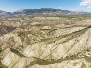 The Gorafe Desert with green surroundings after some rainfalls, aerial view, drone shot, UNESCO