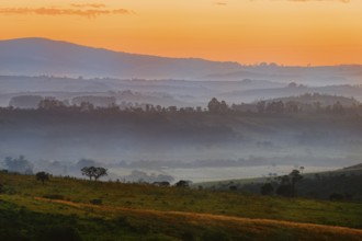 Early morning fog over valleys and mountains, Serra da Canastra, Minas Gerais state, Brazil, South