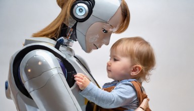 A tender touch, a little girl, about 2 years old, and a humanoid cyborg look each other in the