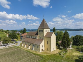 Aerial view of the Church of St. George, Oberzell, Reichenau, UNESCO World Heritage Site, Constance