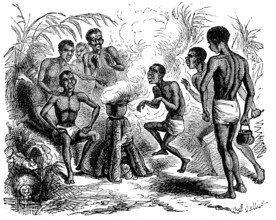 The use of fire for cooking among the natives, 1869, Uganda, Historic, digitally restored