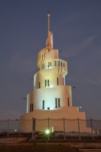 Lighthouse, blue hour, spiral, Marjan Island, Dammam, ash-Sharqiyya Province, Persian Gulf, Saudi