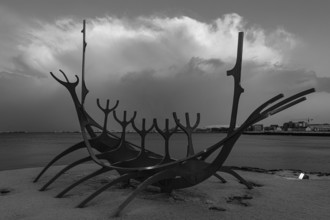 Viking ship sculpture, Sun Voyager, black and white photograph, Reykjavik, Reykjanes Peninsula,