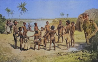 Negro children playing Ringelreihen in the German colony of Tanzania, 1870, Historic, digitally