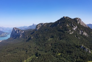 Drone shot, Schober and Drachenwand, Mondsee, Mondseeland, Salzkammergut, Land Salzburg, Austria,