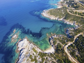 Aerial view, Prassou beach, Kriaritsi, Sithonia, Chalkidiki, Central Macedonia, Greece, Europe